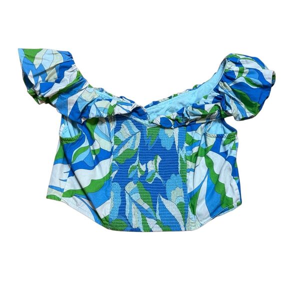 Maeve by Anthropologie Puff-Sleeve Cropped Blouse Tropical Floral Ruffle Sz  M B - Picture 9 of 13